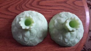 VINTAGE FENTON LIME GREEN SATIN GLASS CANDLE HOLDERS WATER LILY 3