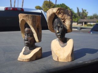 Pair Vintage Wood Carved African Figures 6 " And 6 1/2 " Tall