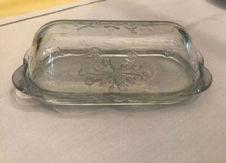 Vintage Anchor Hocking Savannah Clear Glass Butter Dish Scalloped Edge Flowers