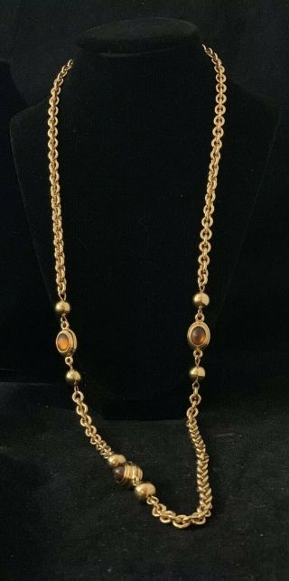 ESTATE VINTAGE MONET SIGNED GOLD Plated Long NECKLACE With Faux Amber Stone 2