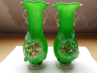 Vintage Green Murano Style Vases Hand Blown Glass.