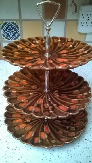 Vintage Retro 3 - Tier Round Cake Food Stand - Signed Edith 1970 Han Painted