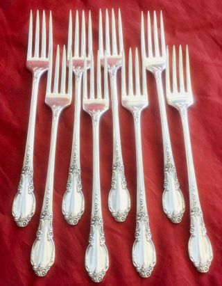 8 ONEIDA 1881 ROGERS ENCHANTMENT LONDONTOWN GRILLE FORKS VTG SILVERPLATE 7 5/8” 4
