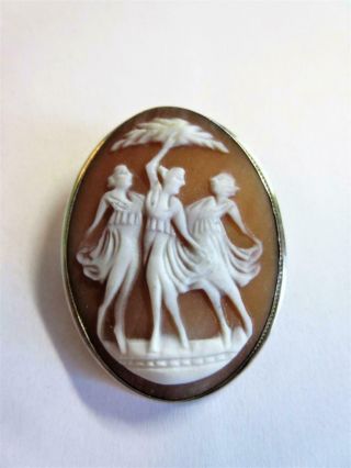 Vintage Art Deco Continental Silver Carved Shell Cameo Brooch,  Pin - 3 Graces