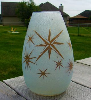 Atomic Modern Mid Century Glass Gold Starburst Vase W Light Blue Tint Vintage Nr