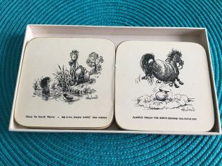 6 Vintage Norman Thelwell Coasters (by Cloverleaf),  Black/white Pony Cartoons