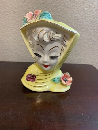 Vintage Yellow Lefton Glamour Girl Lady Head Vase " June " Eyelashes