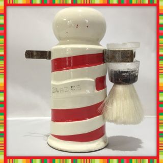 Ceramic Barber Pole Red And White Shave Caddy Blade Bank And Brush Vintage Guc