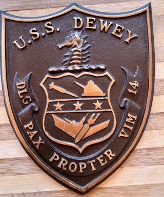 Vintage United States Navy Cast Metal Plaque Uss Dewey Dlg Pax Propter Vim 14