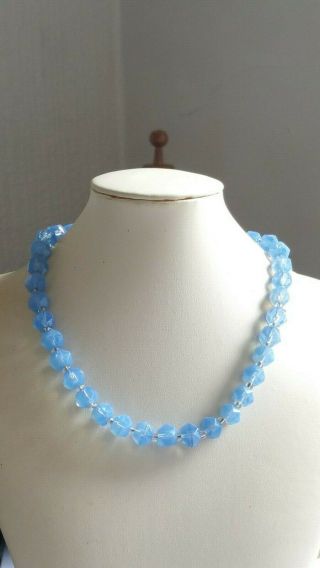 Czech Vintage Art Deco Blue Vaseline Faceted Glass Bead Necklace 4