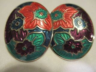 Berebi Vintage Multi - Colored Enamel Large Oval Pierced Signed Earrings 1980 