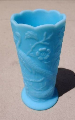 Vintage Fenton 8 " Peacock Flower Cylinder Vase Blue Satin Glass 8257 Ba