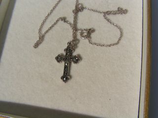 Lovely Vintage Delicate Sterling Silver Marcasite Cross & Chain