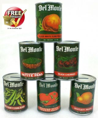 Vintage Del Monte Brand Tin Can Advertising Coin Banks - 6 Different Banks
