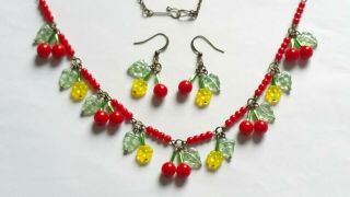 Czech Cherry And Flower Glass Bead Necklace/earrings Set Vintage Deco Style