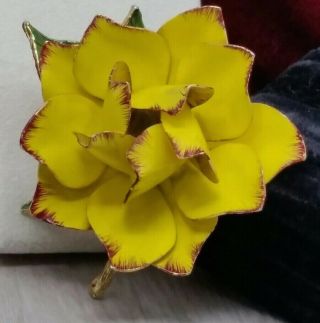 Vintage Highly 3 Dimensional Layered Petals Yellow Enamel Rose Flower Brooch Pin