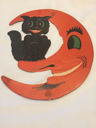 Vintage H E Luhrs Die Cut Black Cat On Moon Halloween Decoration Embossed 1940s