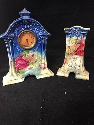 Collectors:a Decorative Vintage Hand Painted Clock With A Matching Vase $1 Start