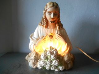 Vintage 1957 Chalkware Sacred Heart Of Jesus Sculpture/bust/tv Lamp/night Light
