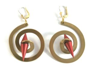 Earrings Mcm Vintage Mid Century Modernist Abstract Brass Red Metal Silver Hook