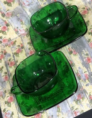 Vintage Anchor Hocking Forest Green Charm Cup And Saucer Set Of 2 Fire King Euc
