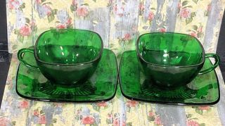 Vintage Anchor Hocking Forest Green Charm Cup And Saucer Set Of 2 Fire King EUC 2