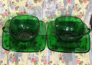 Vintage Anchor Hocking Forest Green Charm Cup And Saucer Set Of 2 Fire King EUC 3