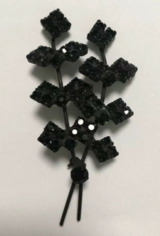 Vintage High End Black Rhinestone Flower Pin Brooch Detailed Metal Mourning