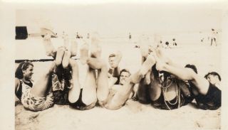 Vintage Photo Beach Guys Spreading Legs In Air On Sand Gay Int Buddies Playing
