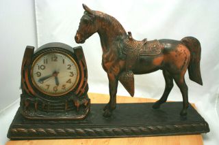 Vintage Metal Clock Horse Horshoe Clock Sessions Shelf Mantel 17 " X 11 "