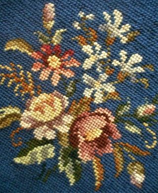 Vintage Antique Floral & Blue Chair Seat Pillow Finished Completed Needlepoint