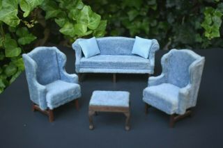 Vtg Miniature Doll House Wood Furniture Living Room Couch 2 Armchairs,  Chairs 2