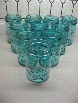 10 Vintage Ball Perfect Mason Pint Aqua Blue Jars Mfg 1923 - 1933