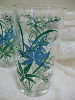Set Of 4 Vintage Anchor Hocking Blue Floral 5 1/8” Drinking Glasses Tumblers Exc