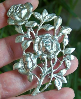 Vintage Jewelery 925 Sterling Silver Large Ornate Roses & Buds Brooch Shawl Pin