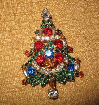 Vintage Otc Goldtone & Multi - Colored Rhinestone Christmas Tree Pin Brooch