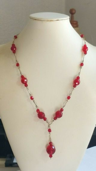 Czech Vintage Art Deco Red Faceted Glass Bead Necklace Rolled Gold Wire