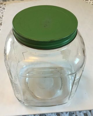 Vintage Anchor Hocking Square Glass Ribbed Hoosier Jar Canister Green Metal Lid