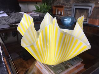 Vintage Large Chance Glass Striped Hankerchief Vase In Yellow And White