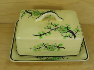 Vintage Moriyama Butter Dish Green Cherry Blossoms Ceramic