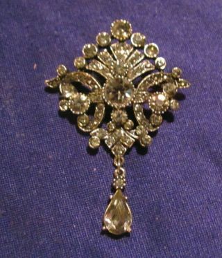 Vintage Signed Art Silver Tone Ornate Costume Pin Or Brooch Faux Stones & Dangle