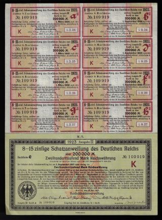 Vintage German 200,  000 Marks Bond 1923 W/ All Coupons 1