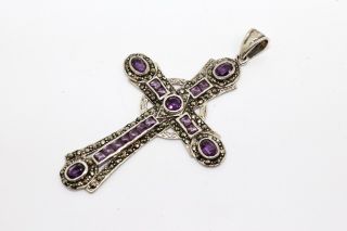 A Quality Large Vintage Sterling Silver 925 Amethyst & Marcasite Cross Pendant