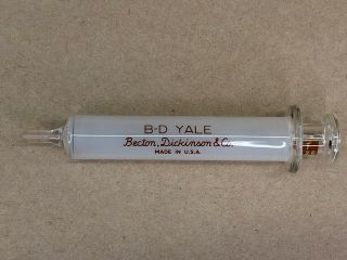 Vintage B - D Yale Becton Dickinson & Co 5cc 5Y Glass Hypodermic Syringe Glass Tip 4