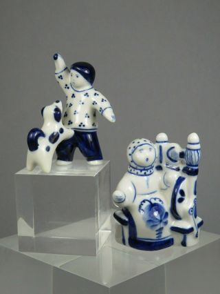 2 X Vintage Ussr Russian Gzhel Blue & White Figurines Spinning Woman Boy & Dog