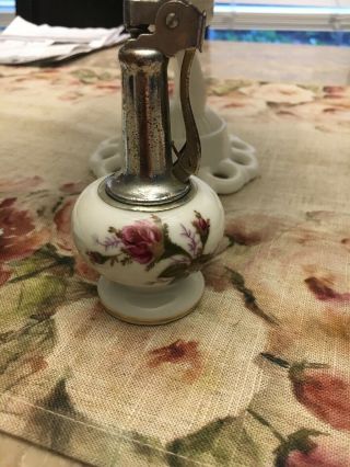 Vintage Royal Table Top Cigarette Lighter Porcelain & Chrome Floral Motif Japan