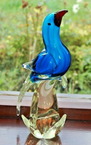 Vintage Murano Large Blue Glass Long Tailed Bird.  13.  5 " In Height.