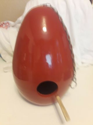 Vintage Red Mid Centry Mod,  Pottery Bird House Or Feeder Hangs - By A Chain.