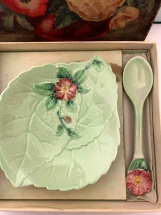 Carlton Ware England Vintage Green Wild Rose Boxed Jam Dish An Spoon Art Deco