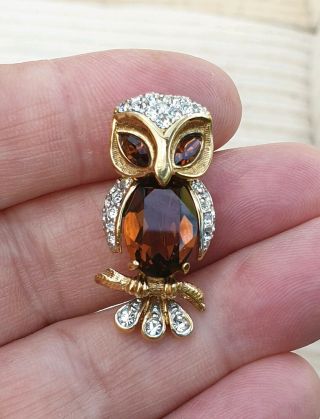 Vintage Attwood & Sawyer Jewellery Crystal Rhinestone Owl Rolled Gold Brooch Pin
